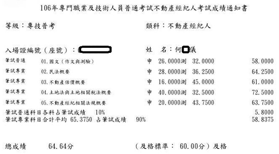 106首宇不動產經紀人上榜學員何○儀