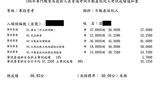 106首宇不動產經紀人上榜學員翁同學