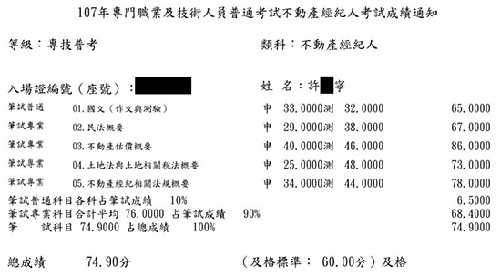 107首宇不動產經紀人上榜學員許○寧