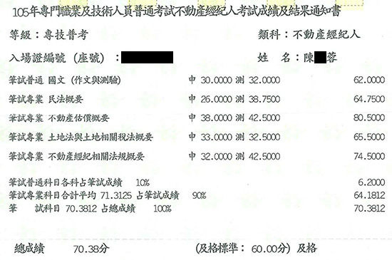 107首宇不動產經紀人+地政士上榜學員陳○蓉