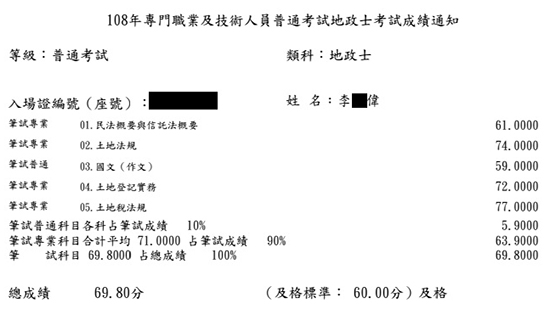 108首宇地政士上榜學員李○偉