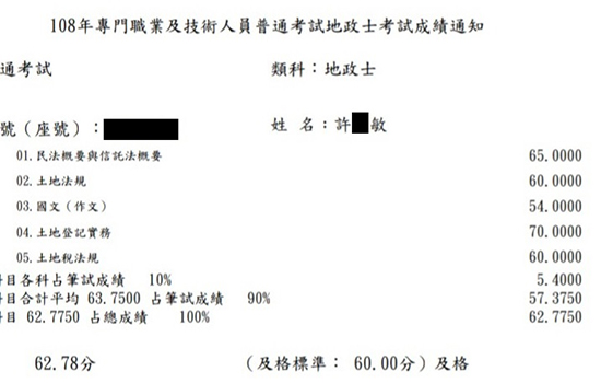 108首宇地政士+107不動產經紀人上榜學員許○敏