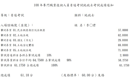 108首宇地政士上榜學員李○君