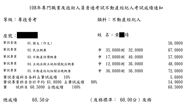 108首宇不動產經紀人上榜學員黃○靖