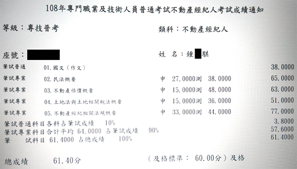 108首宇不動產經紀人上榜學員鍾○騏