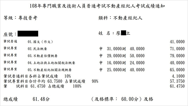 108首宇不動產經紀人上榜學員廖○立