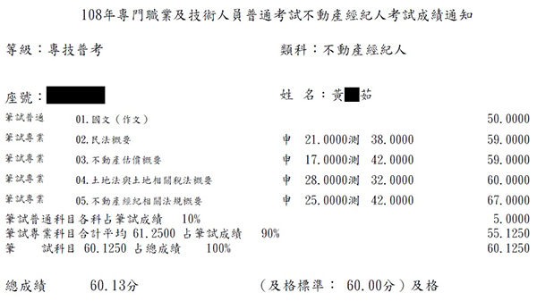 108首宇不動產經紀人上榜學員黃○茹