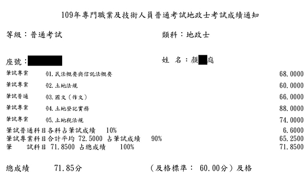 109首宇地政士上榜學員顏○庭