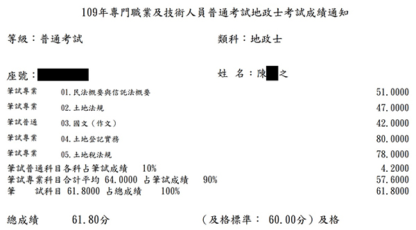 109首宇地政士上榜學員陳○之