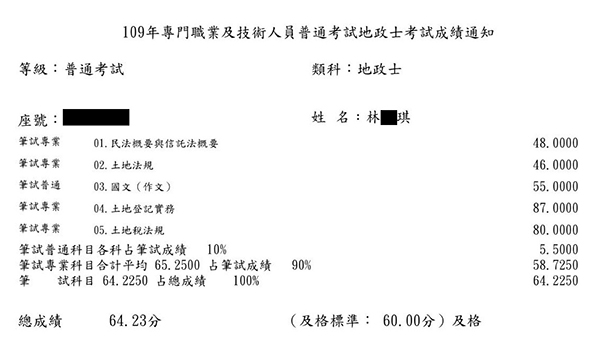 109首宇地政士上榜學員林○琪