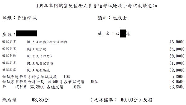 109首宇地政士+107不動產經紀人上榜學員白○龍