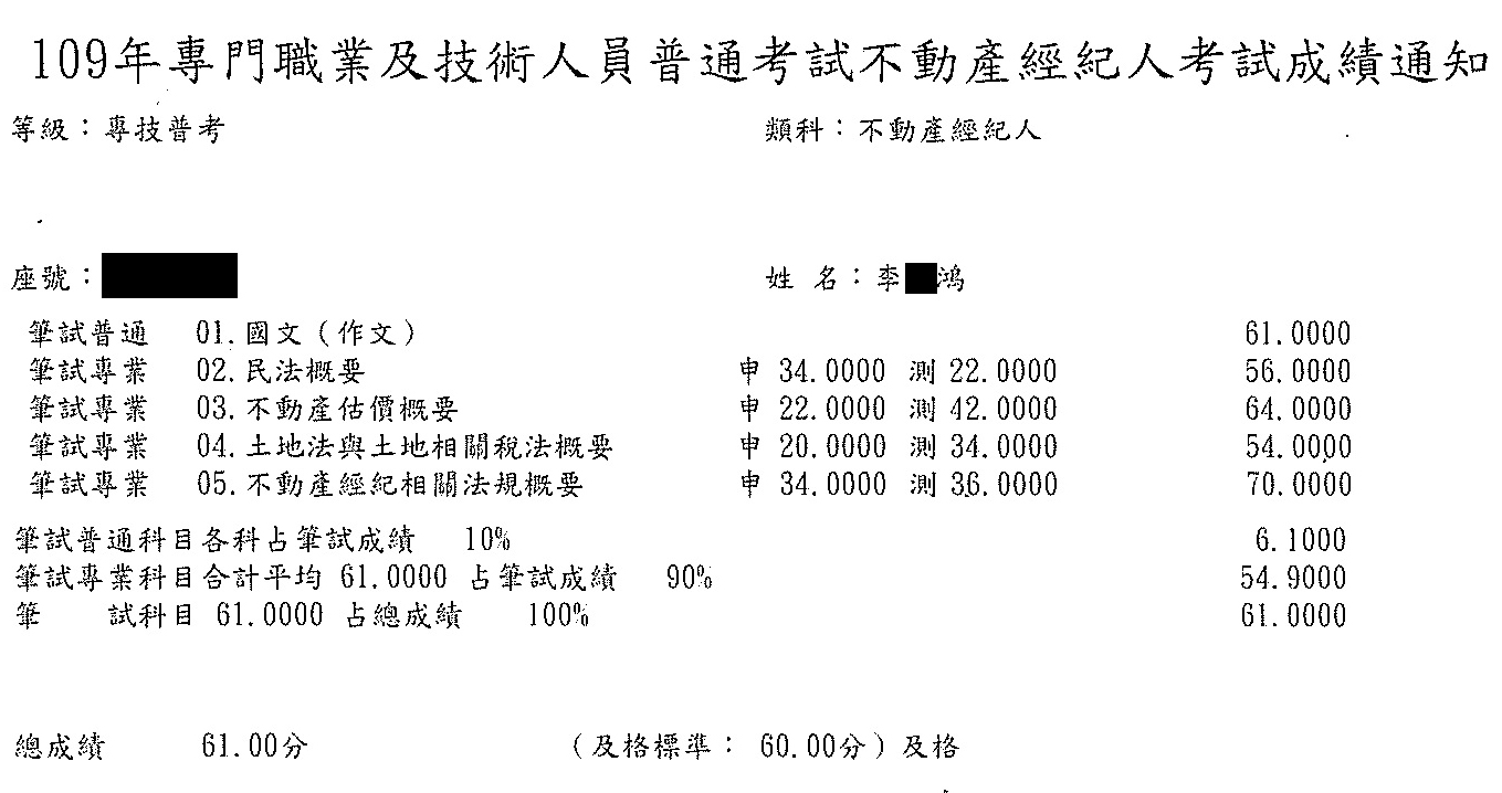 109首宇不動產經紀人+107地政士上榜學員李○鴻