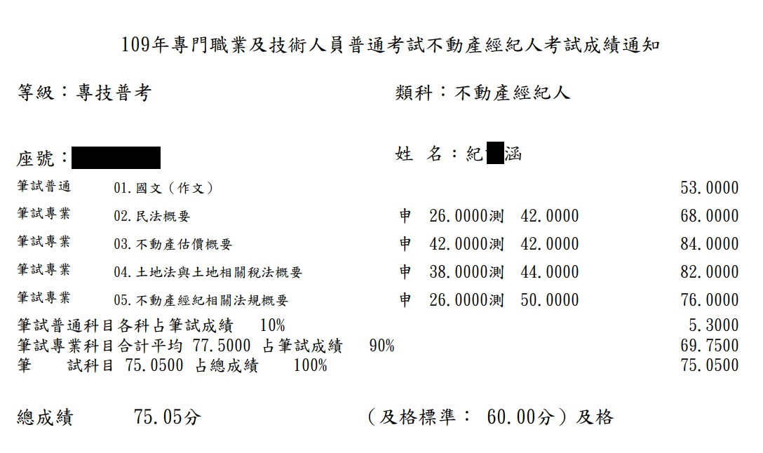 109首宇不動產經紀人探花上榜學員紀○涵