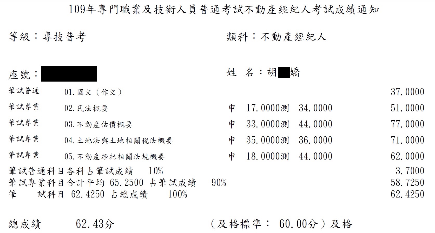 109首宇不動產經紀人上榜學員李○樺