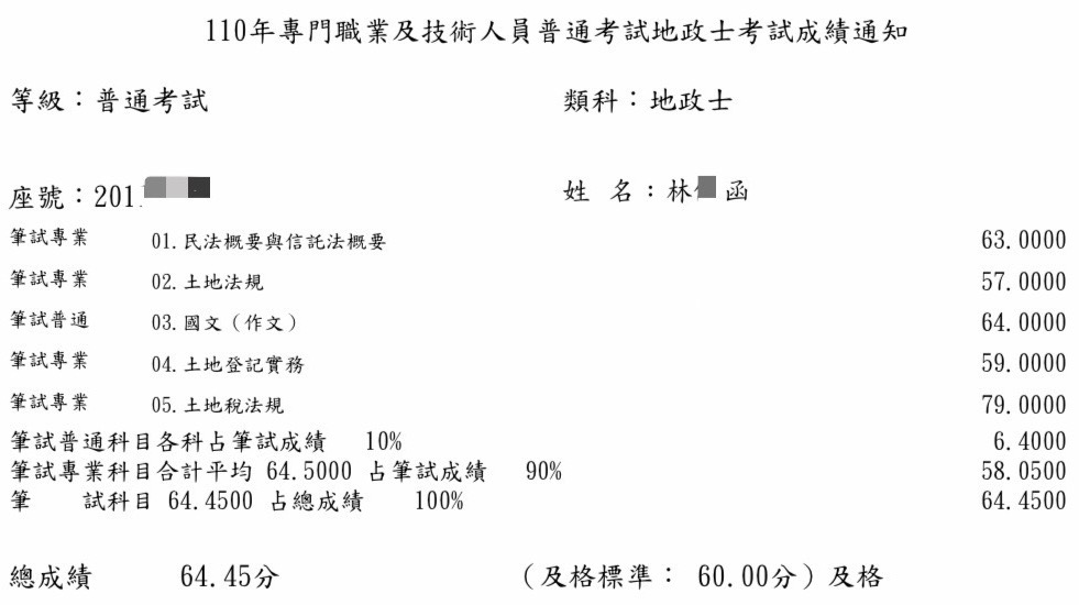 110首宇地政士上榜學員林○函