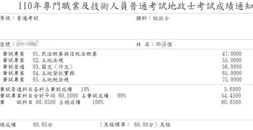 110首宇地政士上榜學員邱○愷