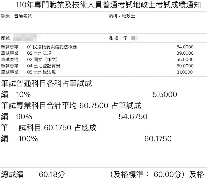 110首宇地政士上榜學員李○