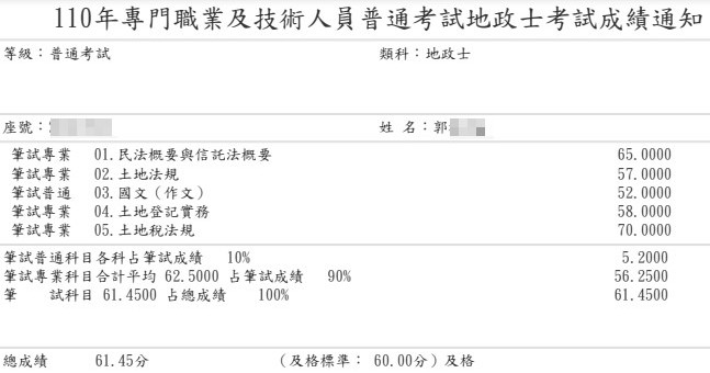 110首宇地政士上榜學員郭同學