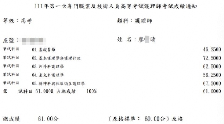 111護理師上榜學員廖○晴