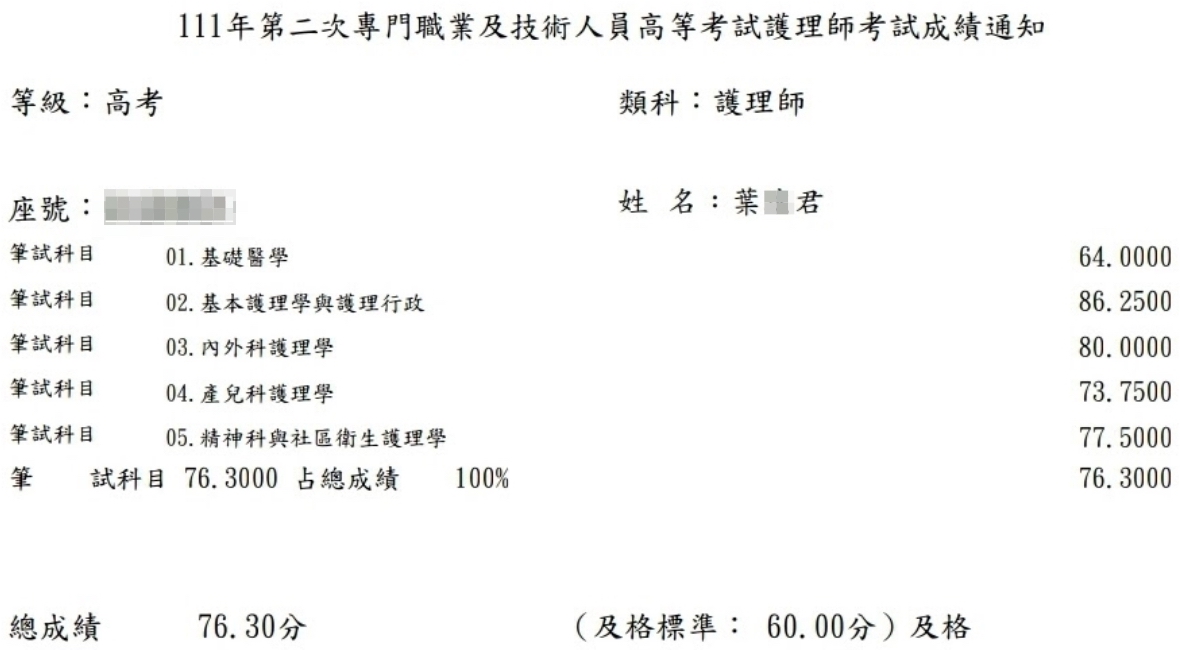 111護理師上榜學員葉○君