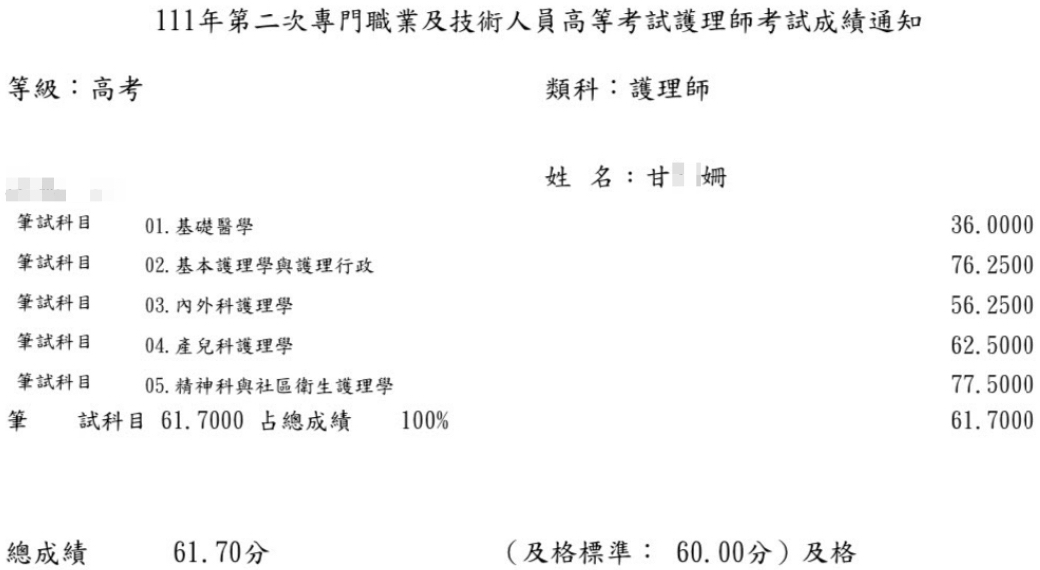 111護理師上榜學員甘○姍