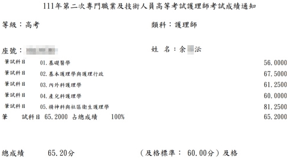 111護理師上榜學員余○沄