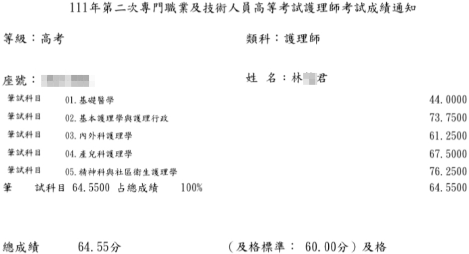 111護理師上榜學員林○君