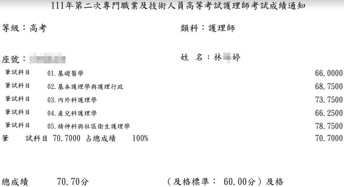 111護理師上榜學員林○婷