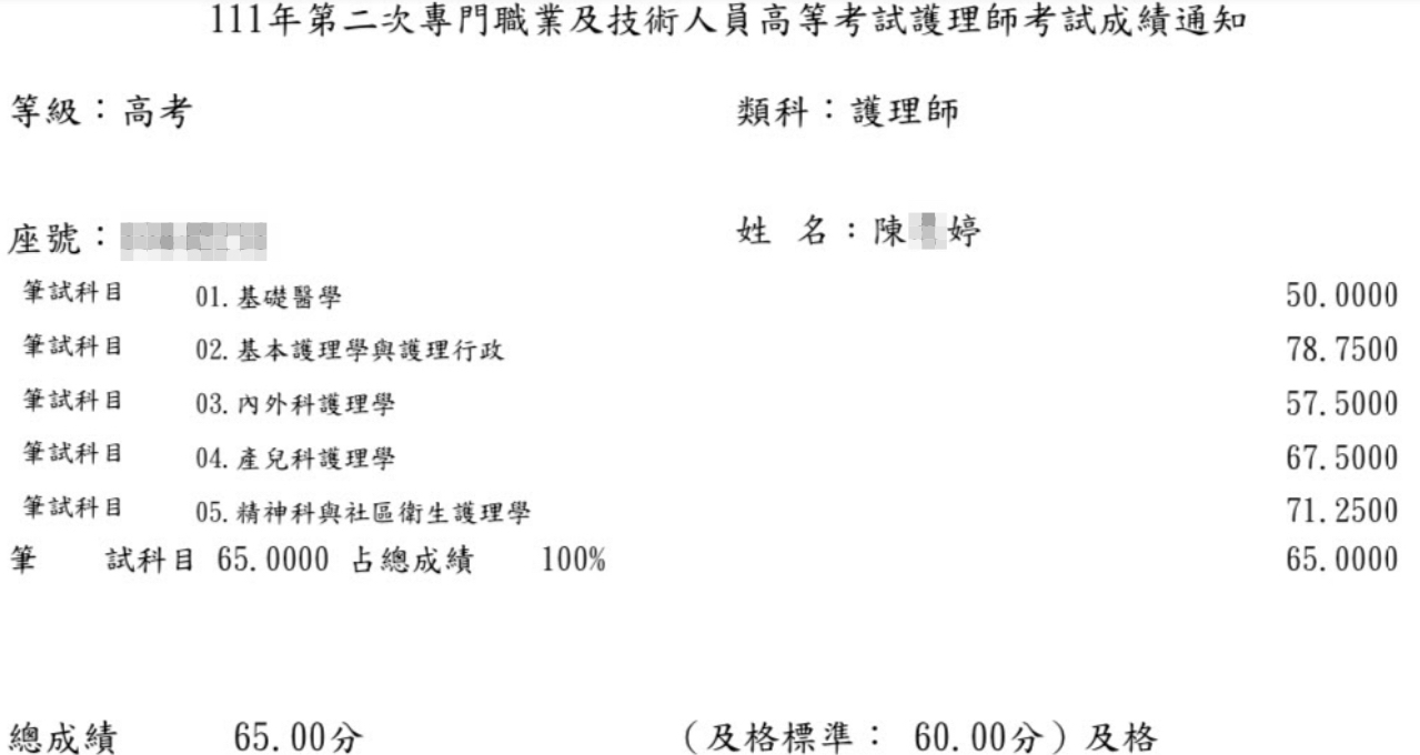 111護理師上榜學員陳○婷