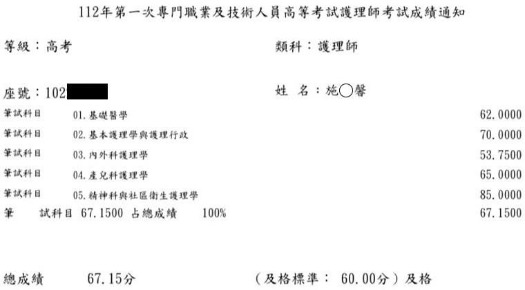 112第一次護理師上榜學員施○馨