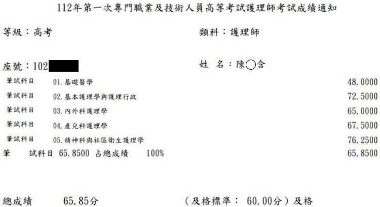 112第一次護理師上榜學員陳○含