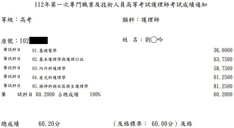 112第一次護理師上榜學員劉○吟