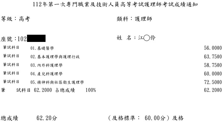 112第一次護理師上榜學員江○伶