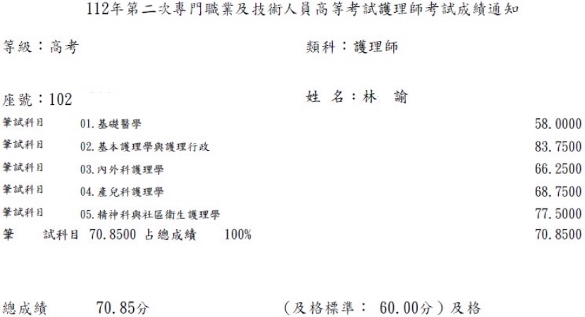 112第二次護理師上榜學員林○諭