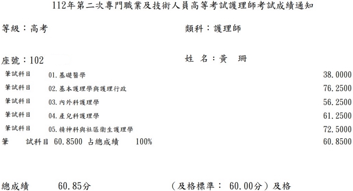 112第二次護理師上榜學員黃○珊