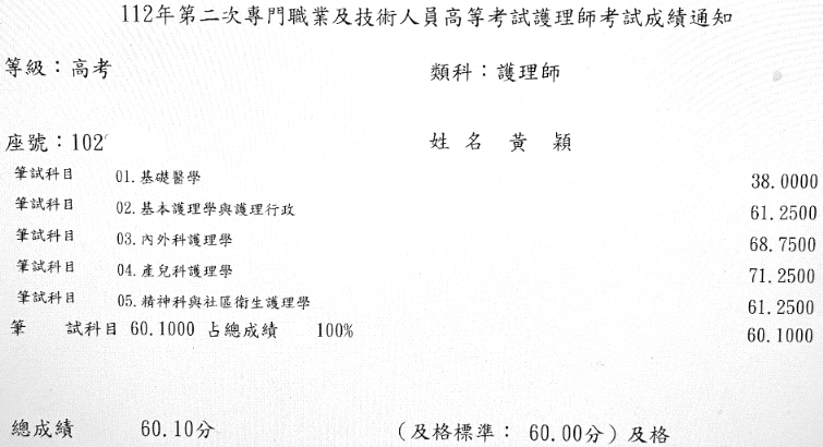 112第二次護理師上榜學員黃○穎