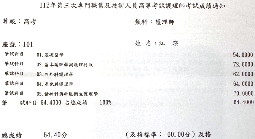 112第三次護理師上榜學員江○瑛