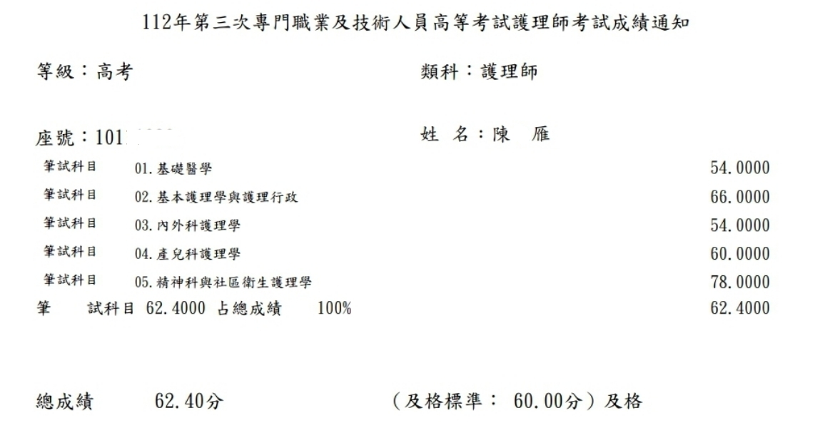 112第三次護理師上榜學員陳○雁