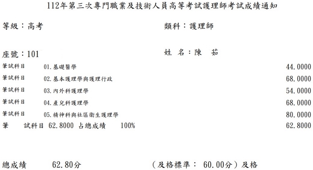 112第三次護理師上榜學員陳○茹