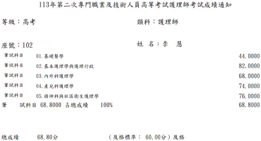 113第二次護理師上榜學員李○慧