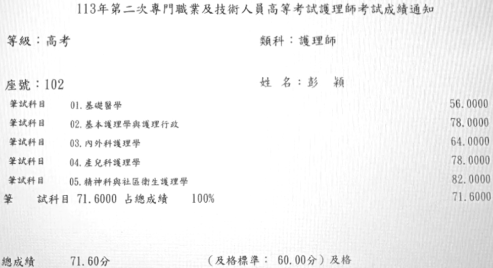 113第二次護理師上榜學員彭○穎