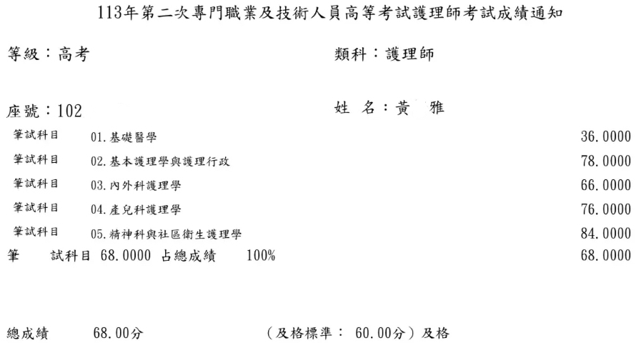 113第二次護理師上榜學員黃○雅