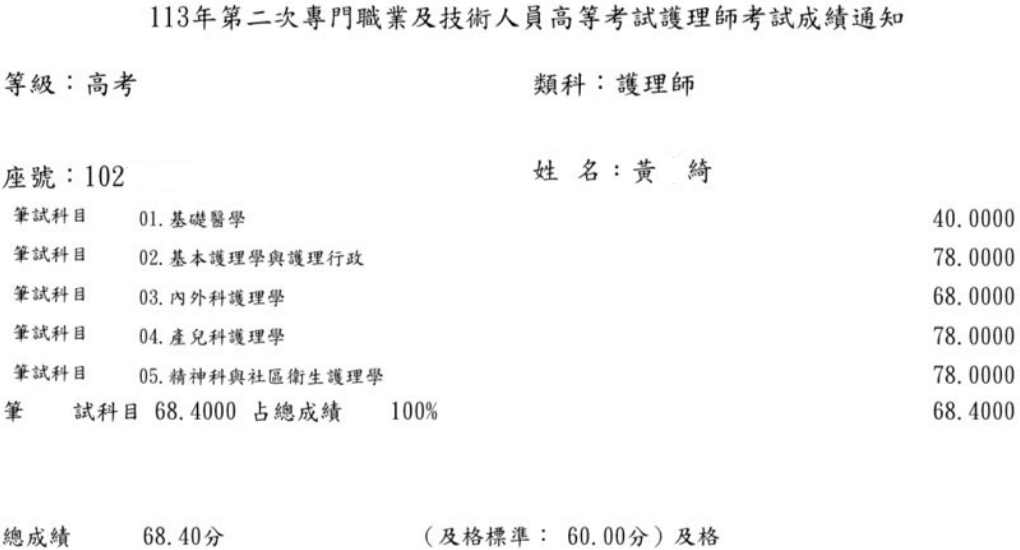 113第二次護理師上榜學員黃○綺