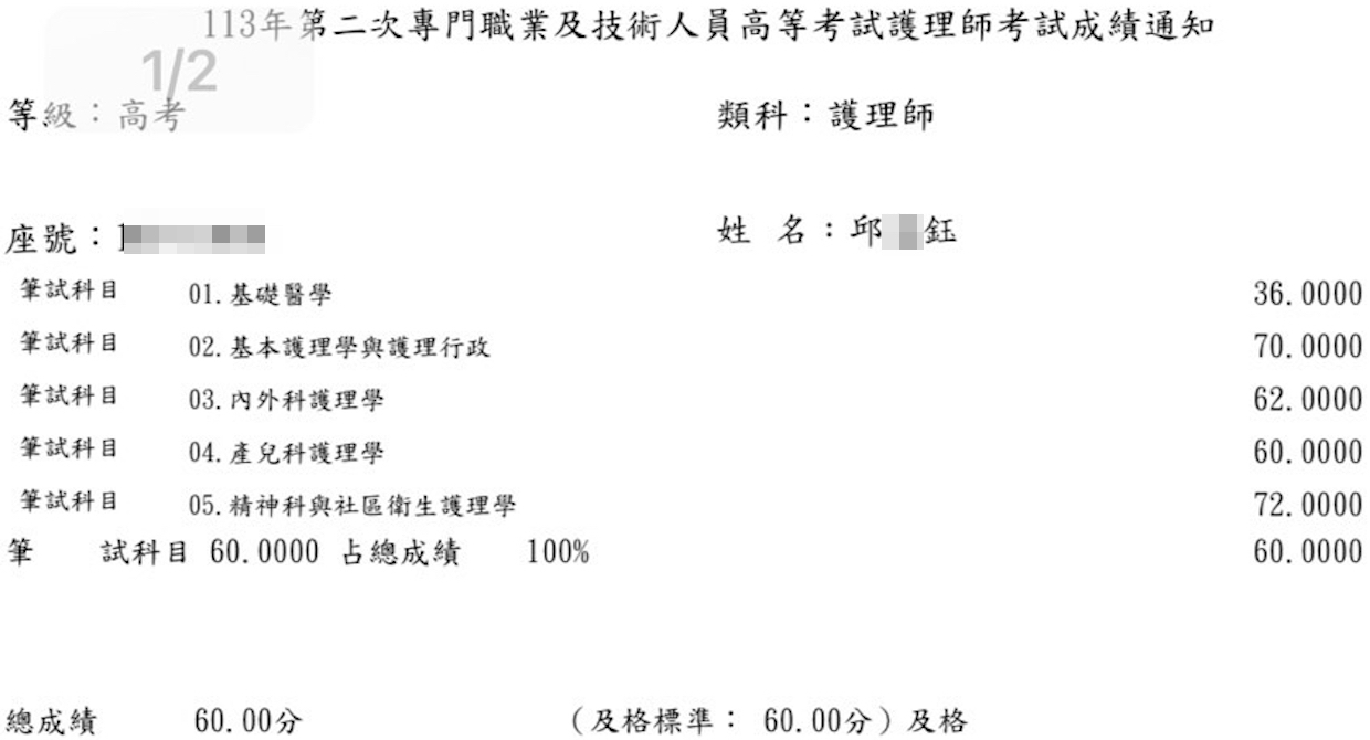 113第二次護理師上榜學員邱○鈺