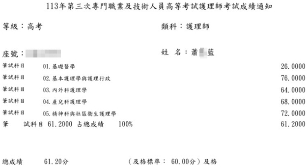 113第三次護理師上榜學員蕭○藍