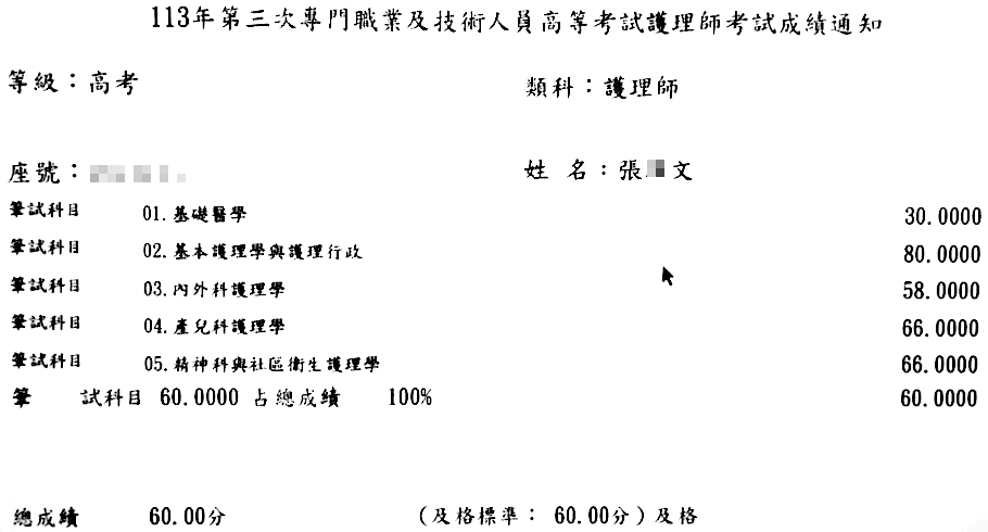 113第三次護理師上榜學員張○文