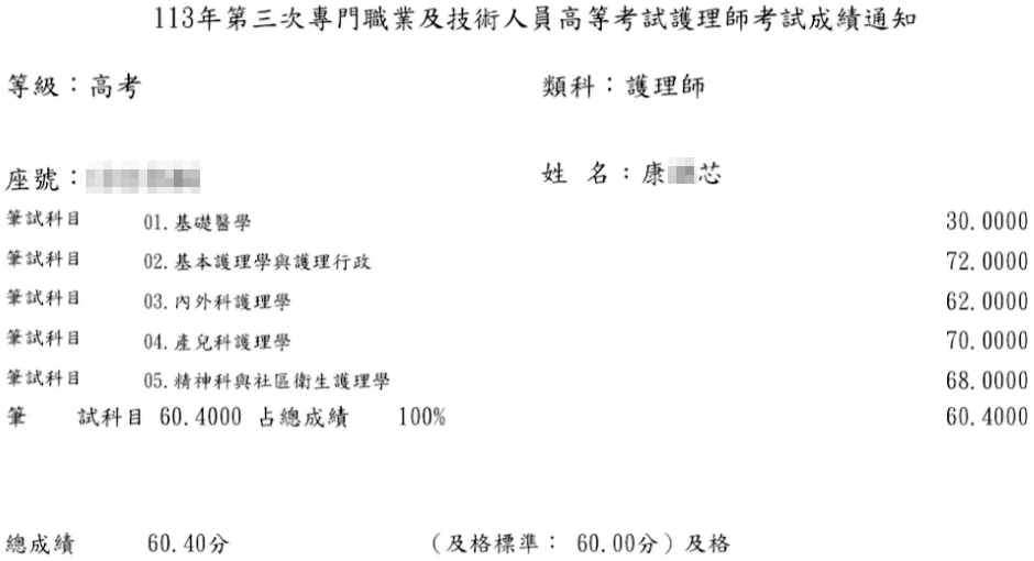 113第三次護理師上榜學員康○芯