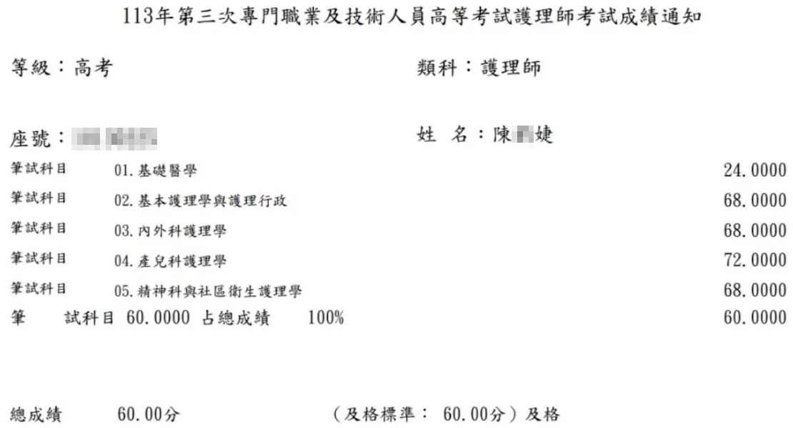 113第三次護理師上榜學員陳○婕