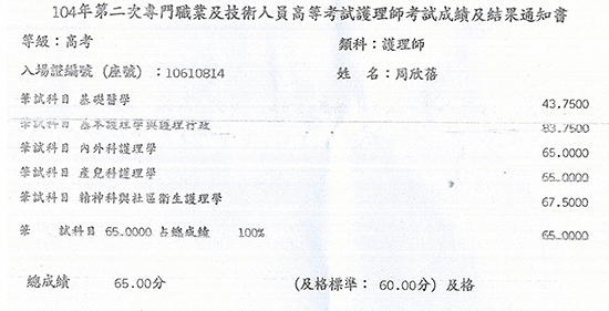 104護理師上榜學員周欣蓓