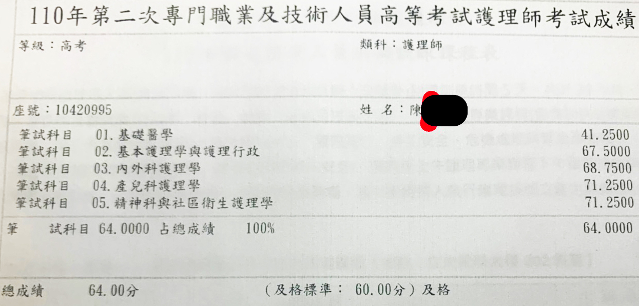 110護理師上榜學員陳○欣